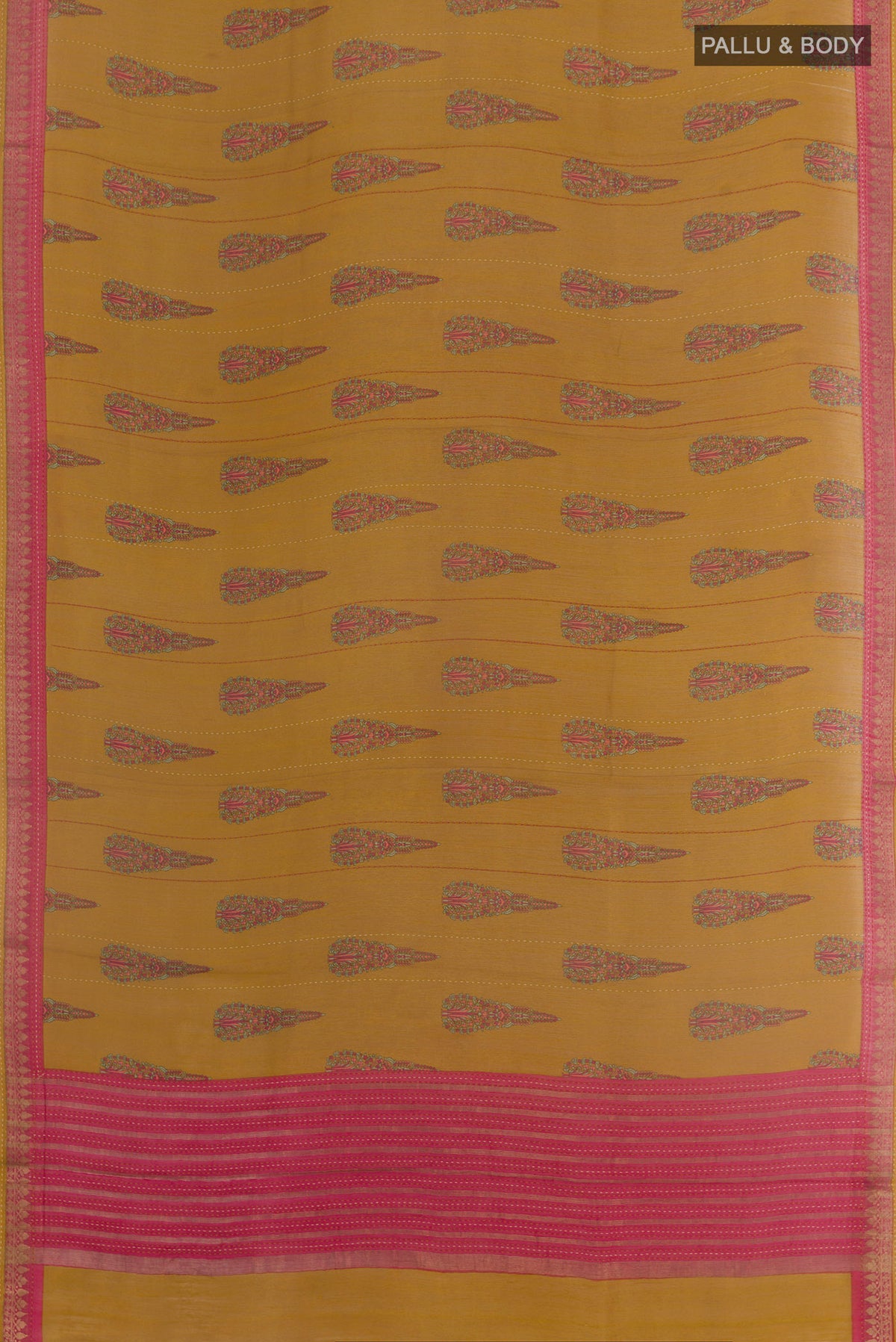 Flat view of Mustard Tussar Silk Saree with Printed design on the body and Zari Border. 
