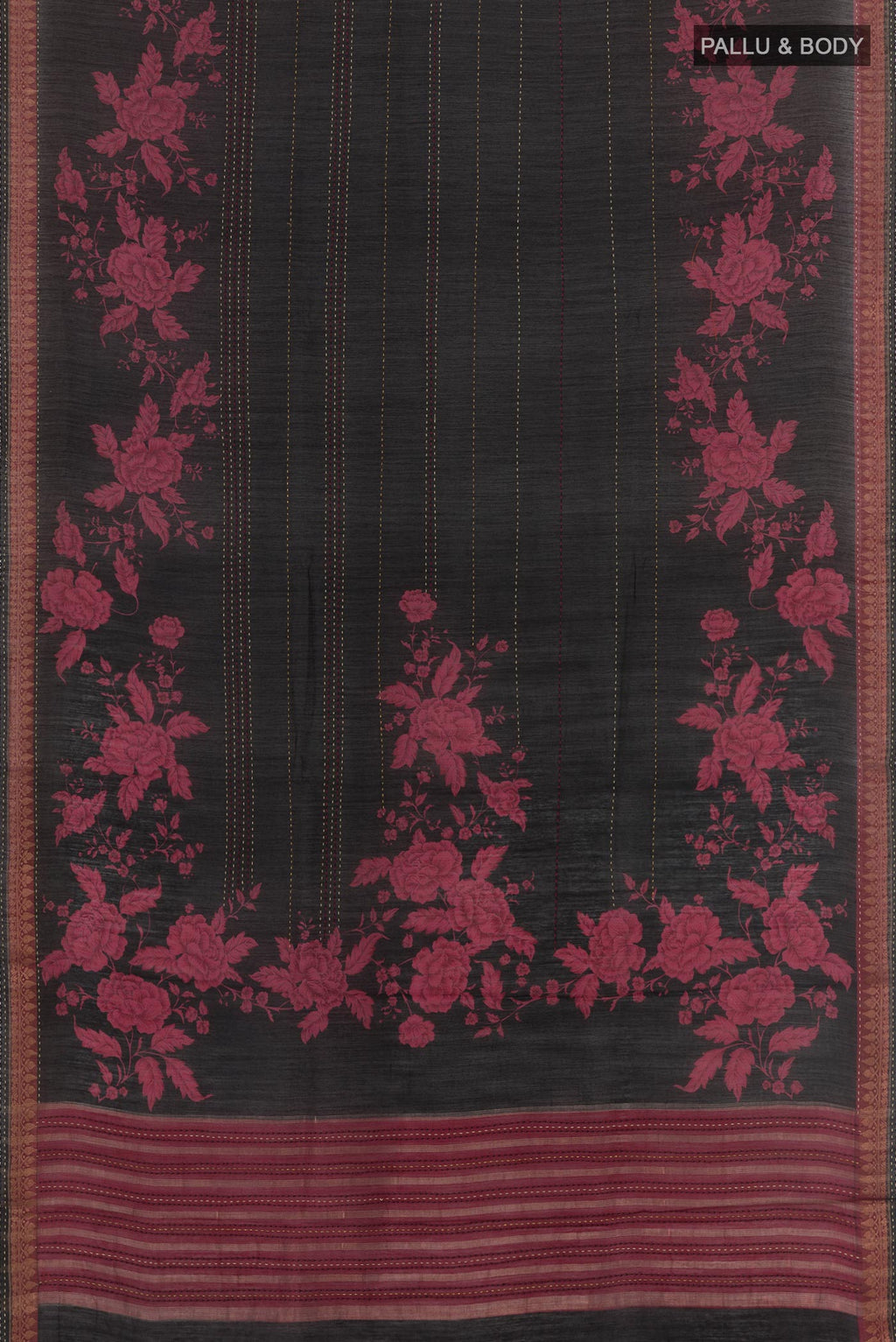 Flat view of Black Tussar Saree with Stripes on the body and Zari Border. 