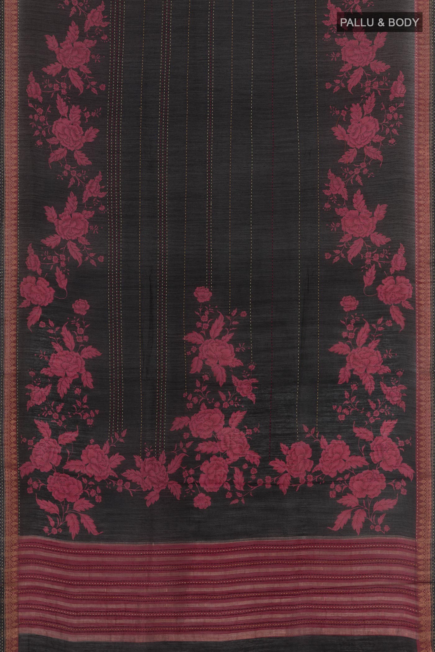 Flat view of Black Tussar Saree with Stripes on the body and Zari Border. 