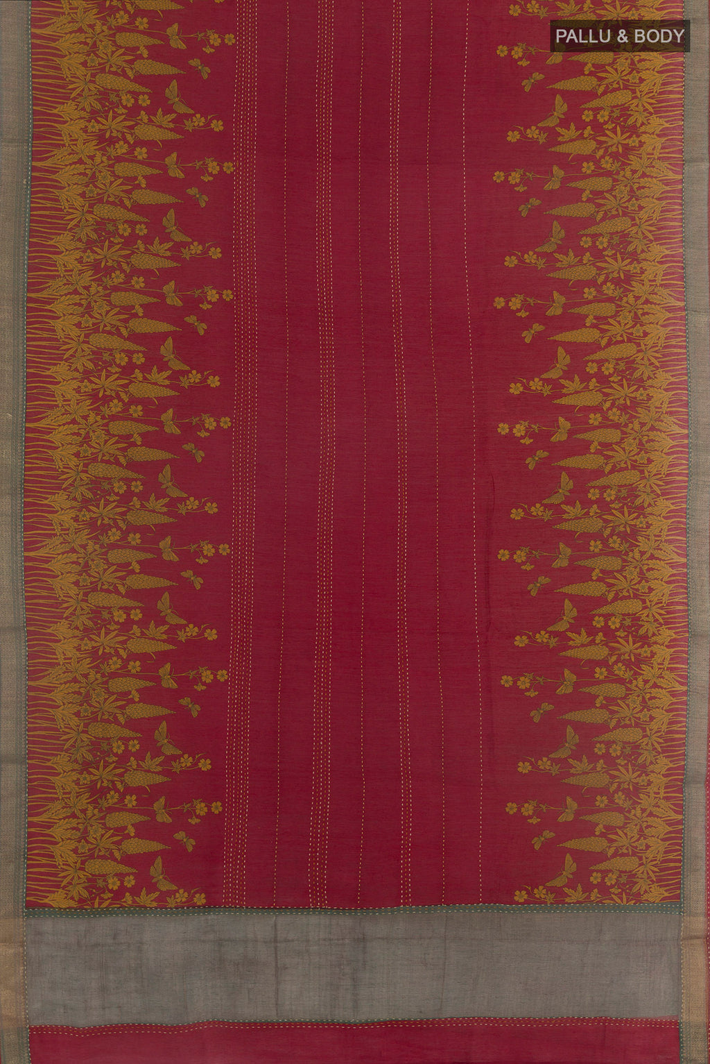 Flat view of Maroon Tussar Silk Saree with Printed design on the body and Zari Border. 