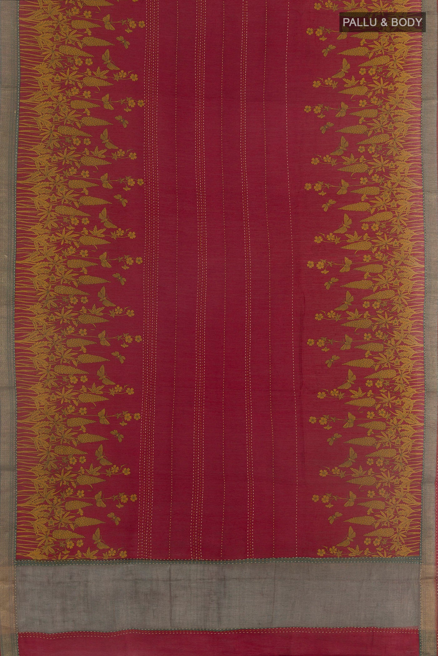 Flat view of Maroon Tussar Silk Saree with Printed design on the body and Zari Border. 