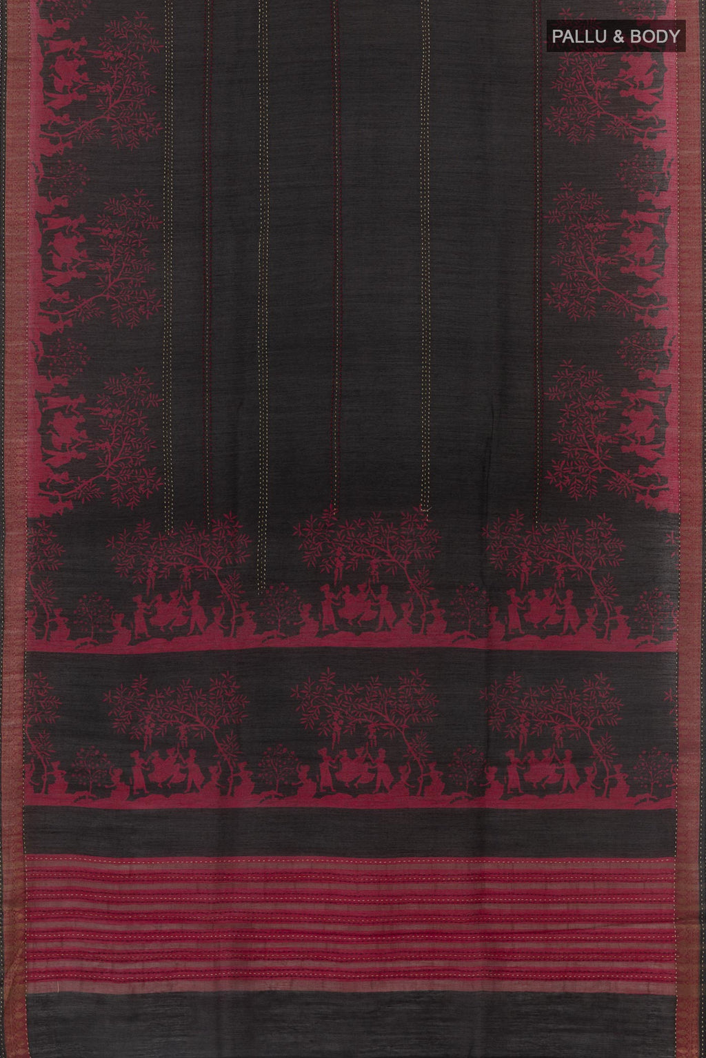 Flat view of Black Tussar Saree with Stripes on the body and Zari Border. 