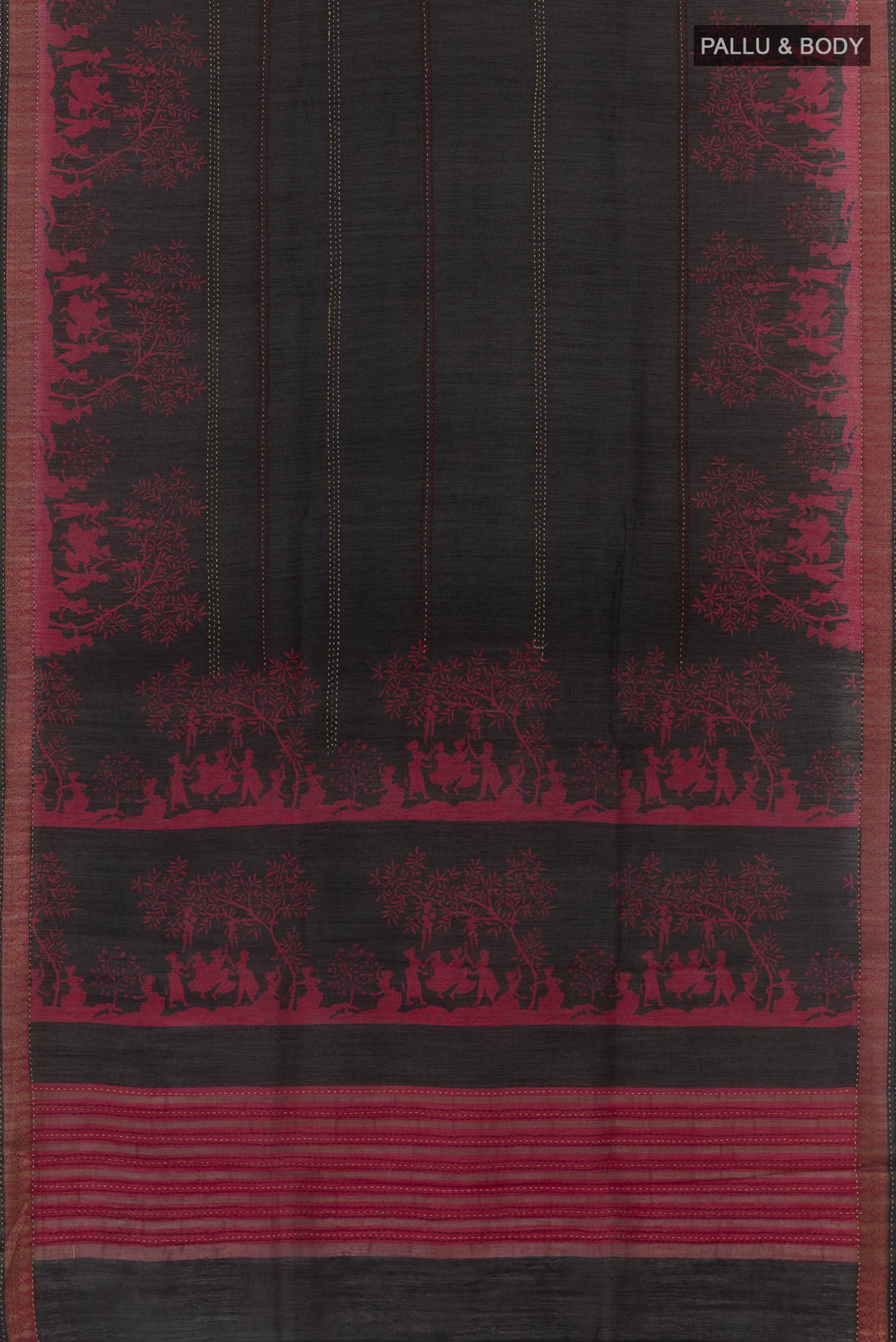 Flat view of Black Tussar Saree with Stripes on the body and Zari Border. 
