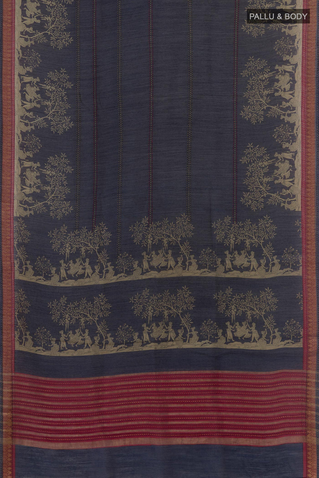 Flat view of Blue Tussar Saree with Stripes on the body and Zari Border. 