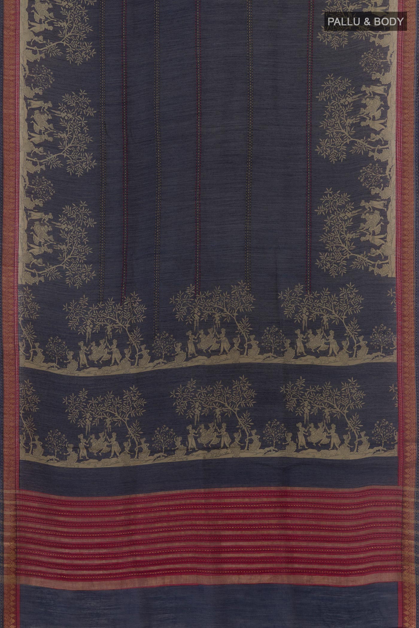 Flat view of Blue Tussar Saree with Stripes on the body and Zari Border. 