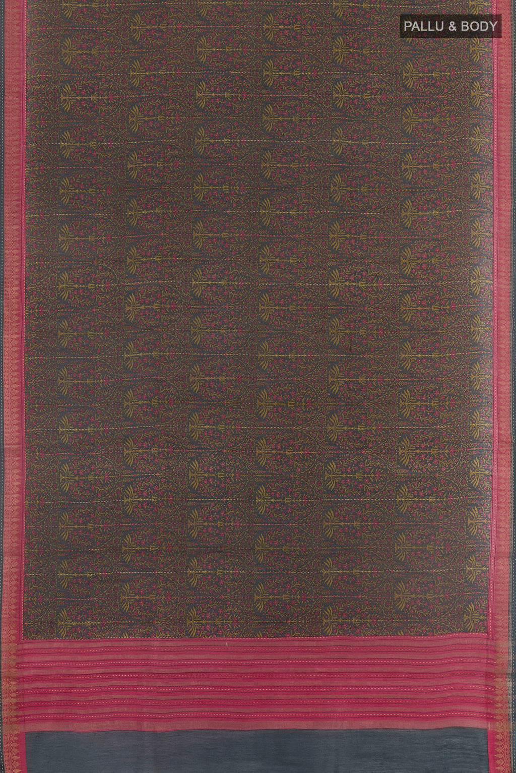 Flat view of Navy Blue Tussar Silk Saree with Printed design on the body and Zari Border. 