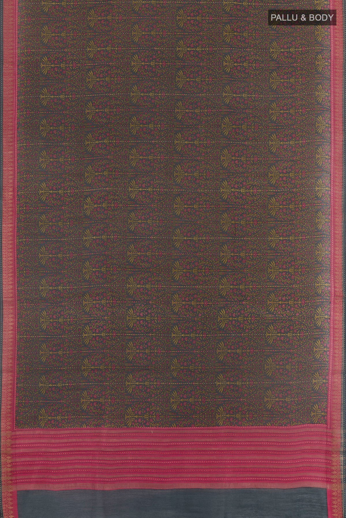 Flat view of Navy Blue Tussar Silk Saree with Printed design on the body and Zari Border. 