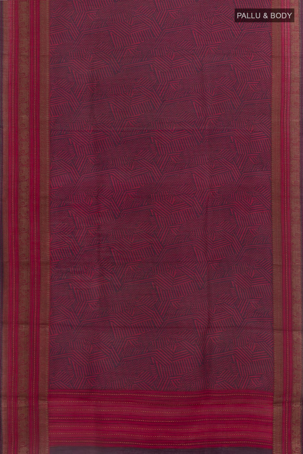 Flat view of Purple Tussar Silk Saree with Printed design on the body and Zari Border. 