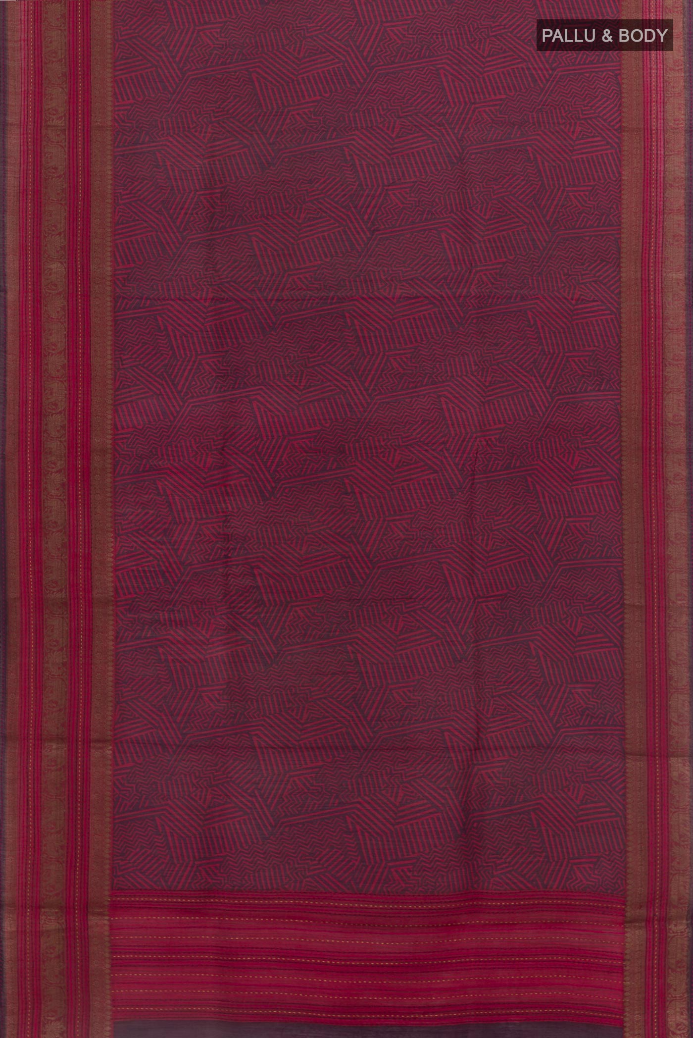 Flat view of Purple Tussar Silk Saree with Printed design on the body and Zari Border. 