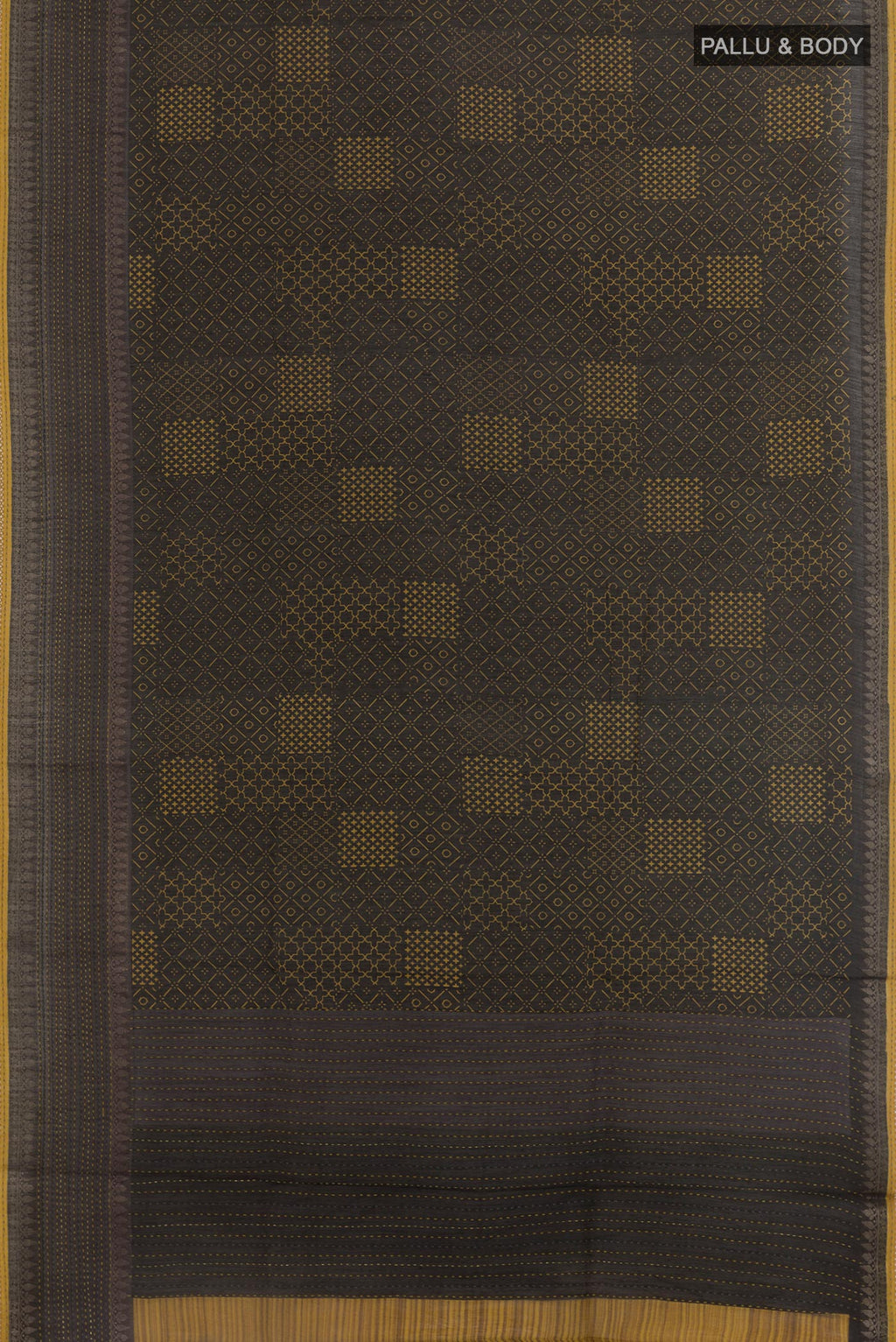 Flat view of Black Tussar Saree with Printed design on the body and Zari Border. 