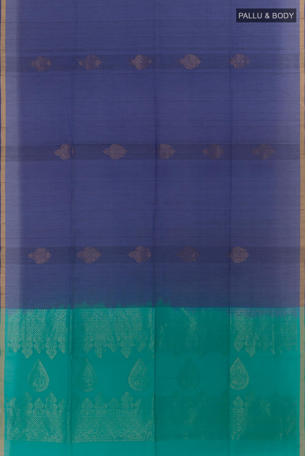 Flat view of Blue Silk Cotton Saree with Zari Butta on the body and Zari Border. 