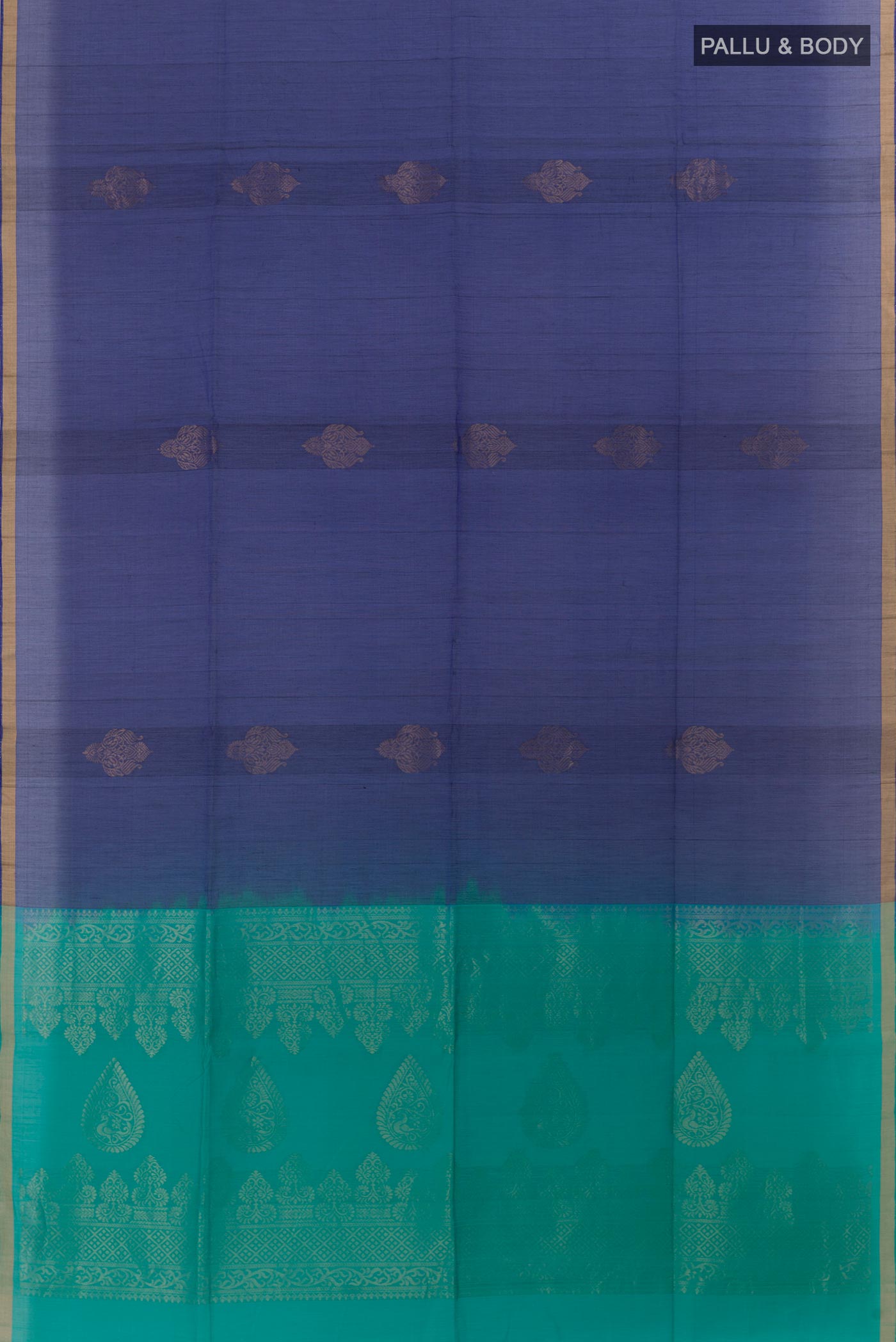Flat view of Blue Silk Cotton Saree with Zari Butta on the body and Zari Border. 