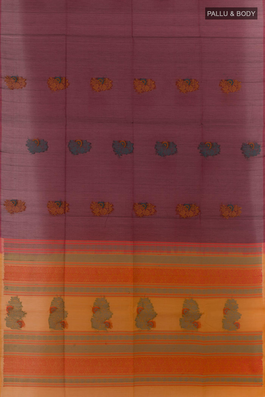 Flat view of Maroon Silk Cotton Saree with Thread Butta on the body and Without Border. 
