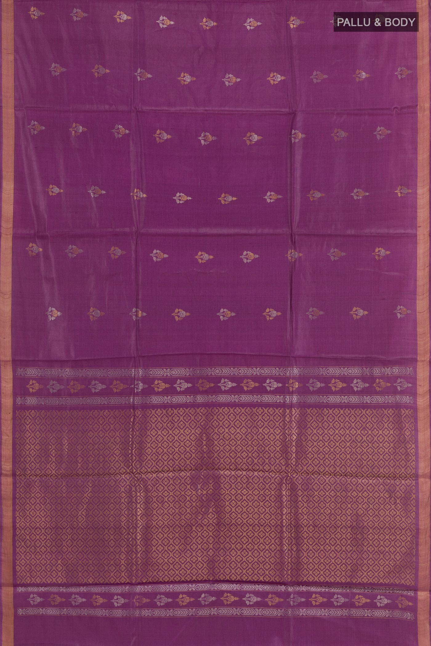 Flat view of Purple Tussar Saree with Zari Butta on the body and Zari Border. 