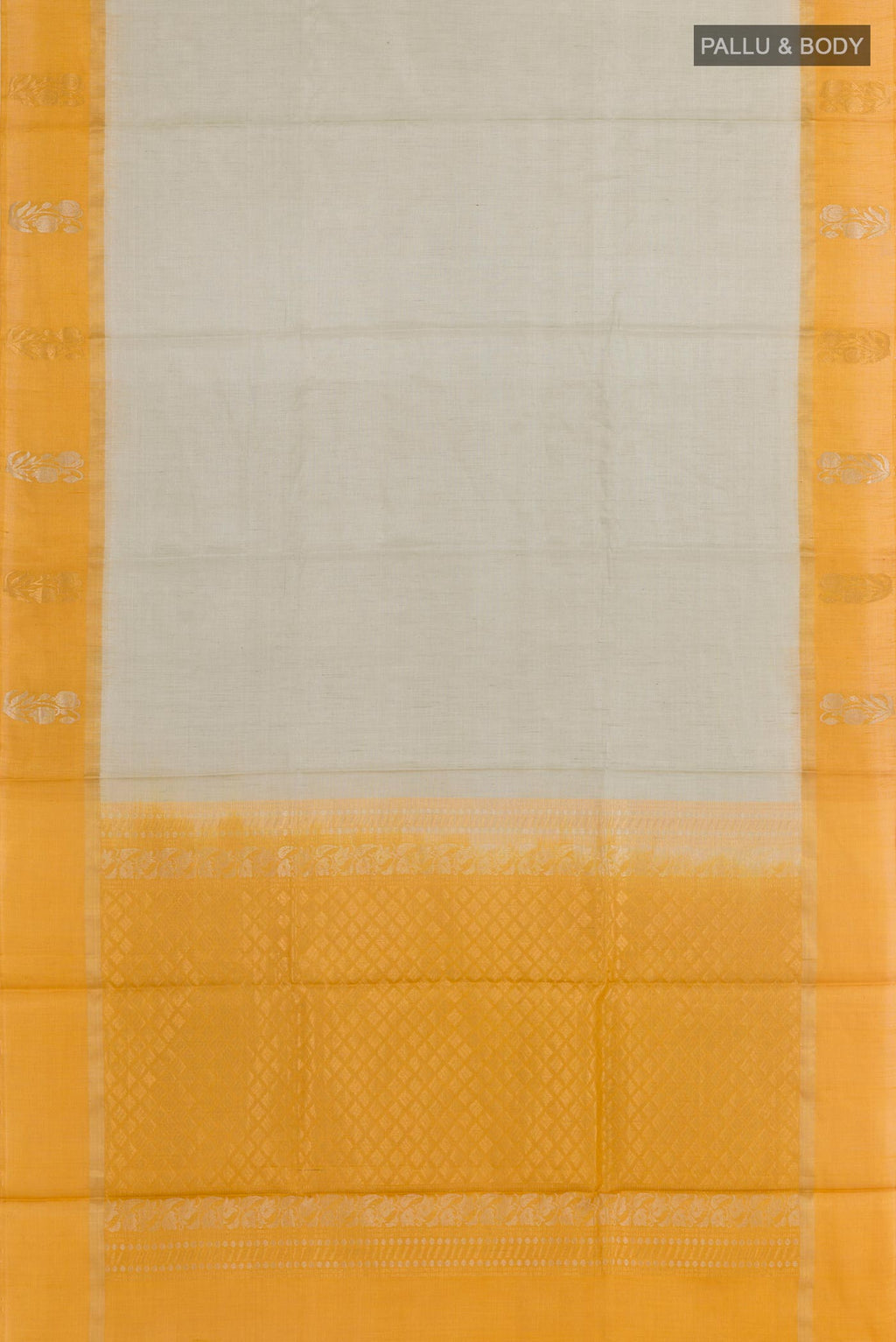 Flat view of Off White Tussar Saree with Plain Body and Zari Border. 