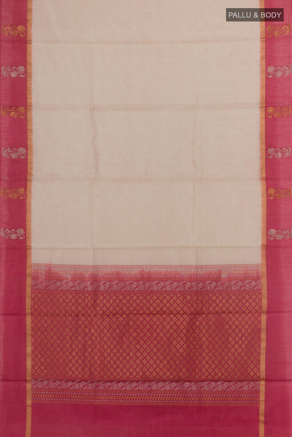 Flat view of Off White Tussar Saree with Plain Body and Zari Border. 