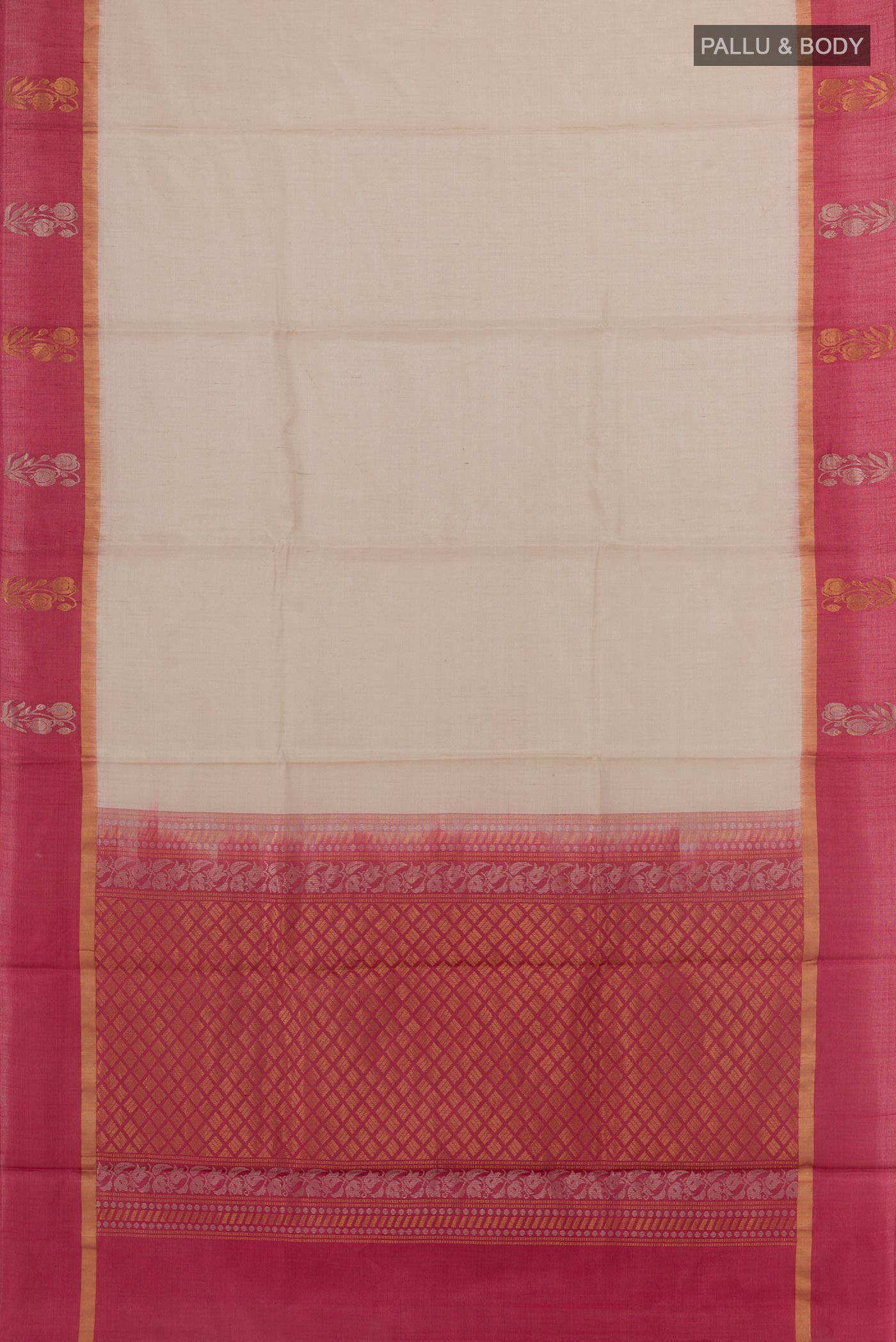 Flat view of Off White Tussar Saree with Plain Body and Zari Border. 