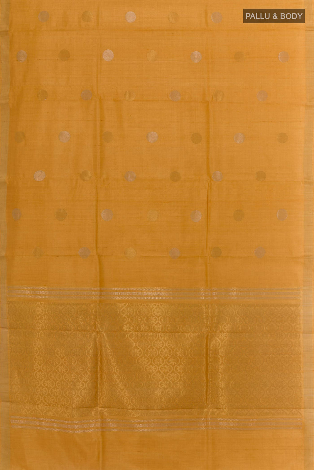 Flat view of Yellow Tussar Saree with Zari Butta on the body and Zari Border. 