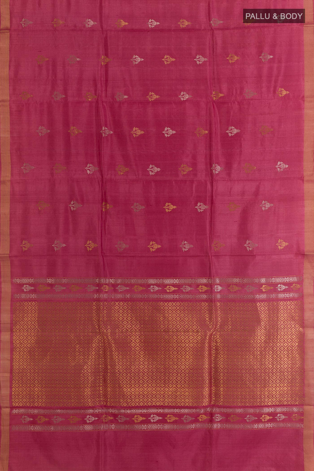 Flat view of Dark Pink Tussar Silk Saree with Zari Butta on the body and Zari Border. 