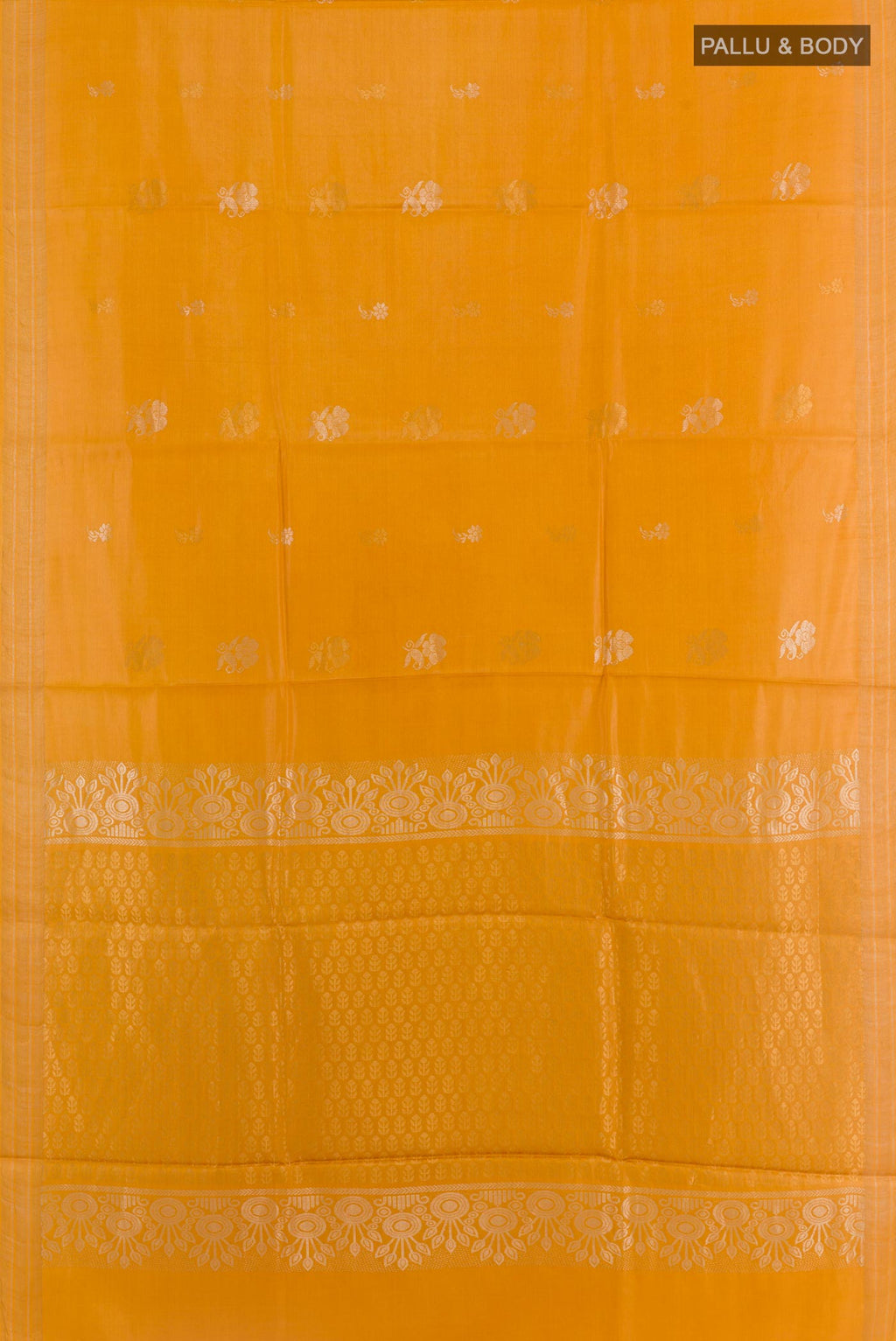 Flat view of Yellow Tussar Silk Saree with Zari Butta on the body and Zari Border. 