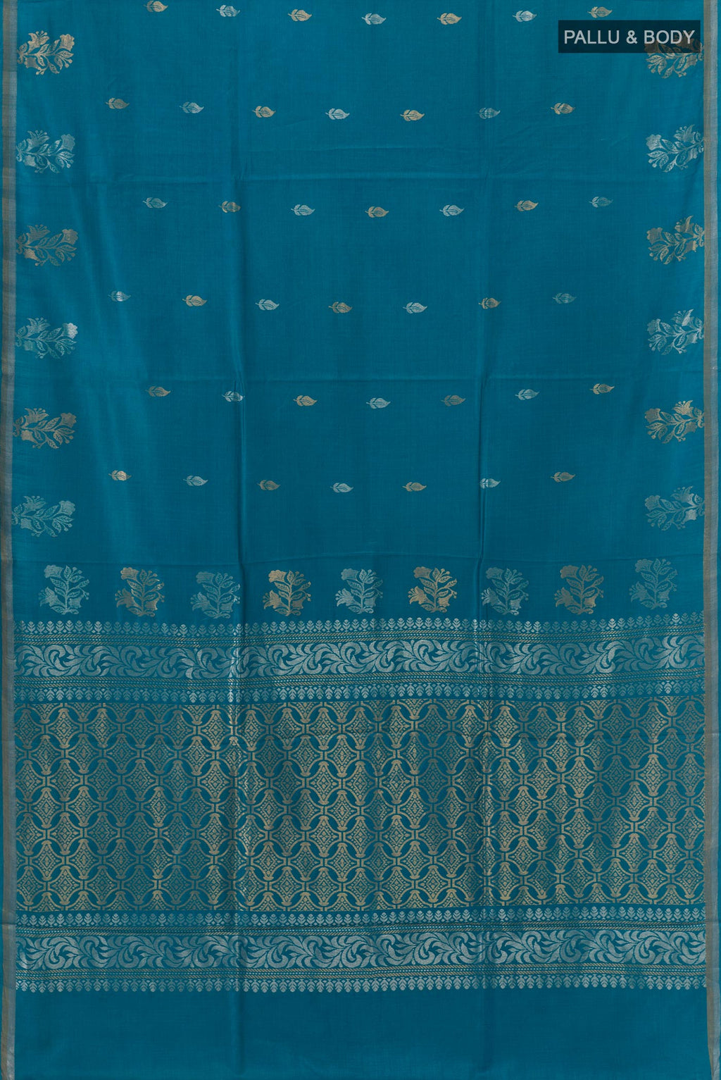 Flat view of Blue Tussar Saree with Zari Butta on the body and Zari Border. 