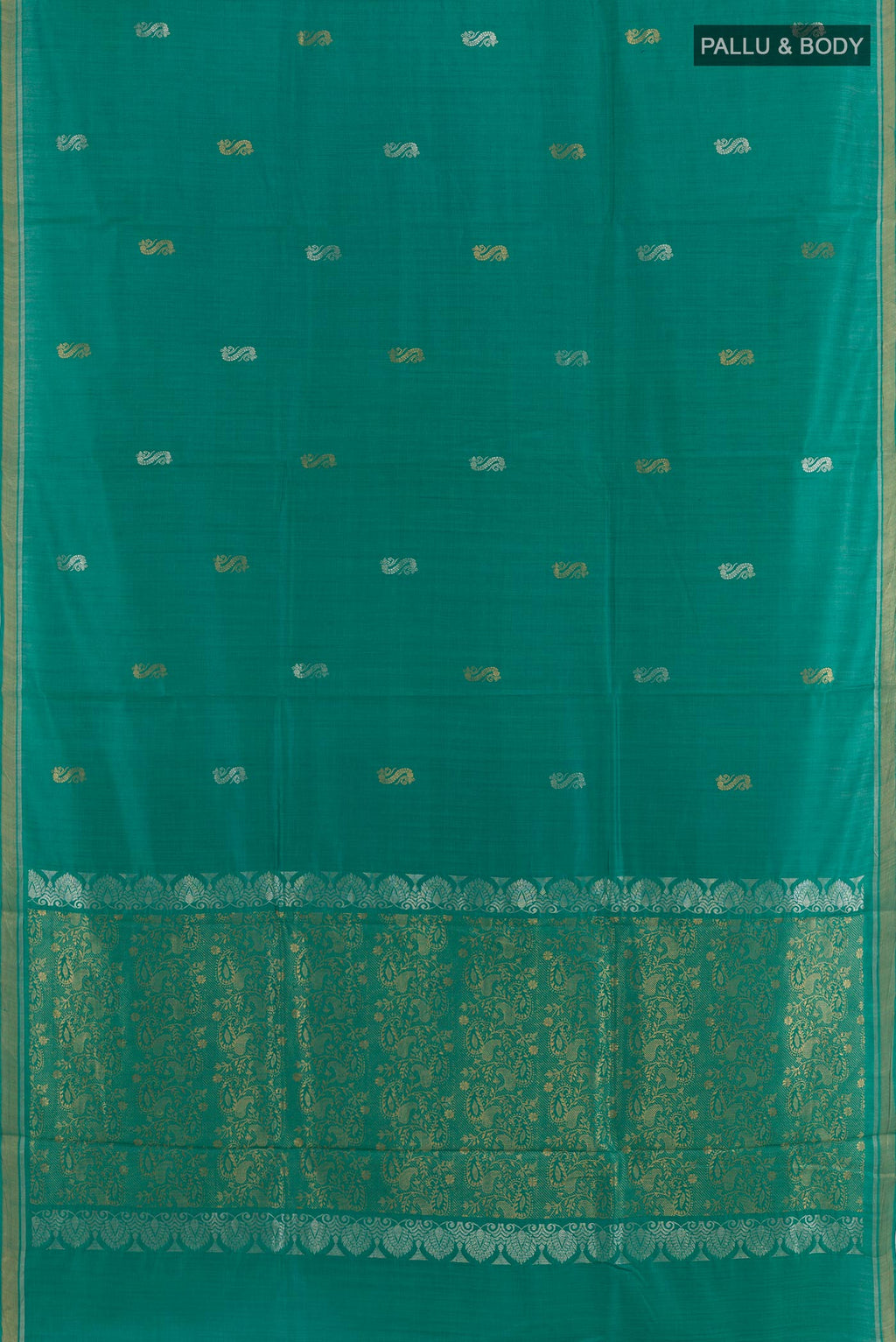 Flat view of Teal Tussar Saree with Zari Butta on the body and Zari Border. 
