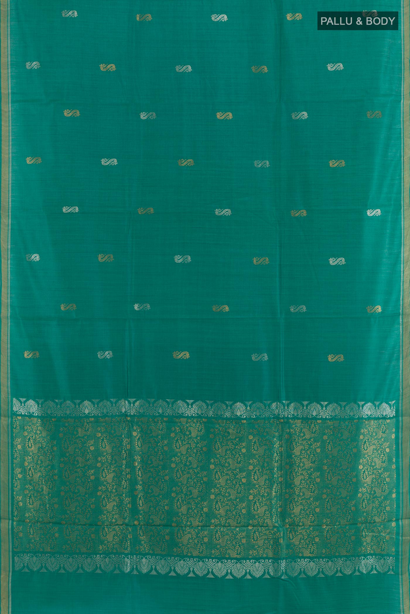 Flat view of Teal Tussar Saree with Zari Butta on the body and Zari Border. 