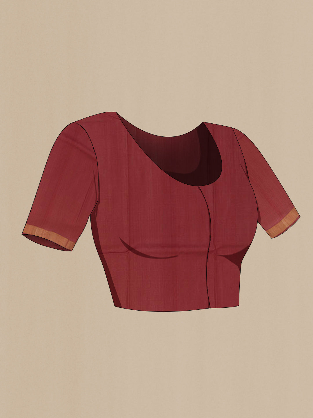 Close up image of the blouse of Maroon Tussar Silk Saree with Zari Butta on the body and Zari Border. 