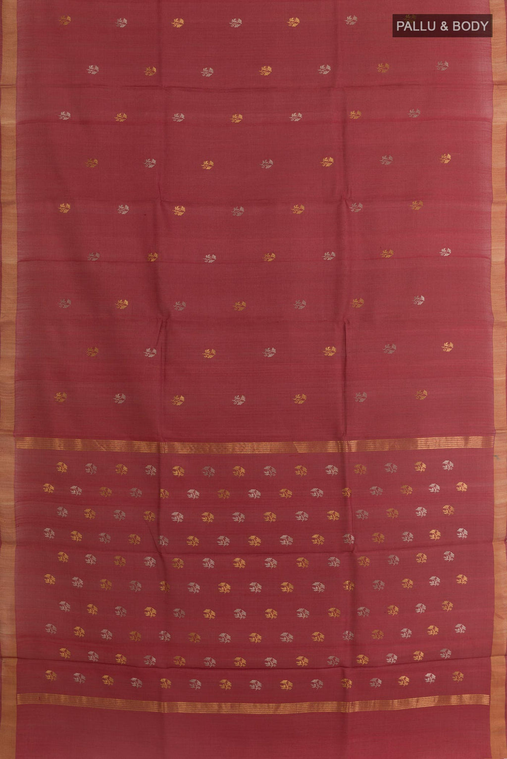 Flat view of Maroon Tussar Silk Saree with Zari Butta on the body and Zari Border. 