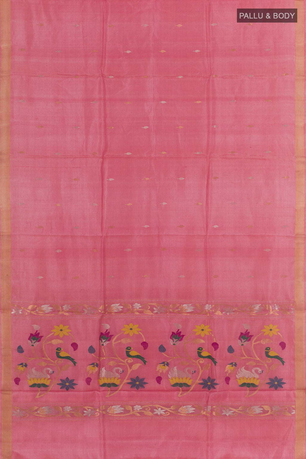 Flat view of Pink Tussar Saree with Zari Butta on the body and Zari Border. 