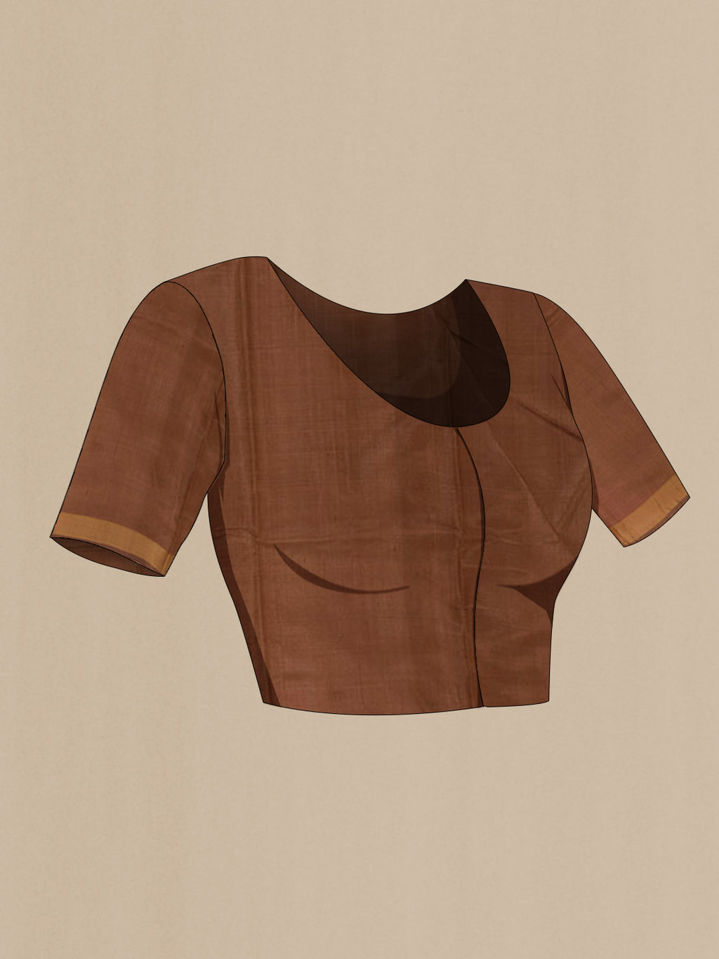 Close up image of the blouse of Brown Tussar Silk Saree with Zari Butta on the body and Zari Border. 