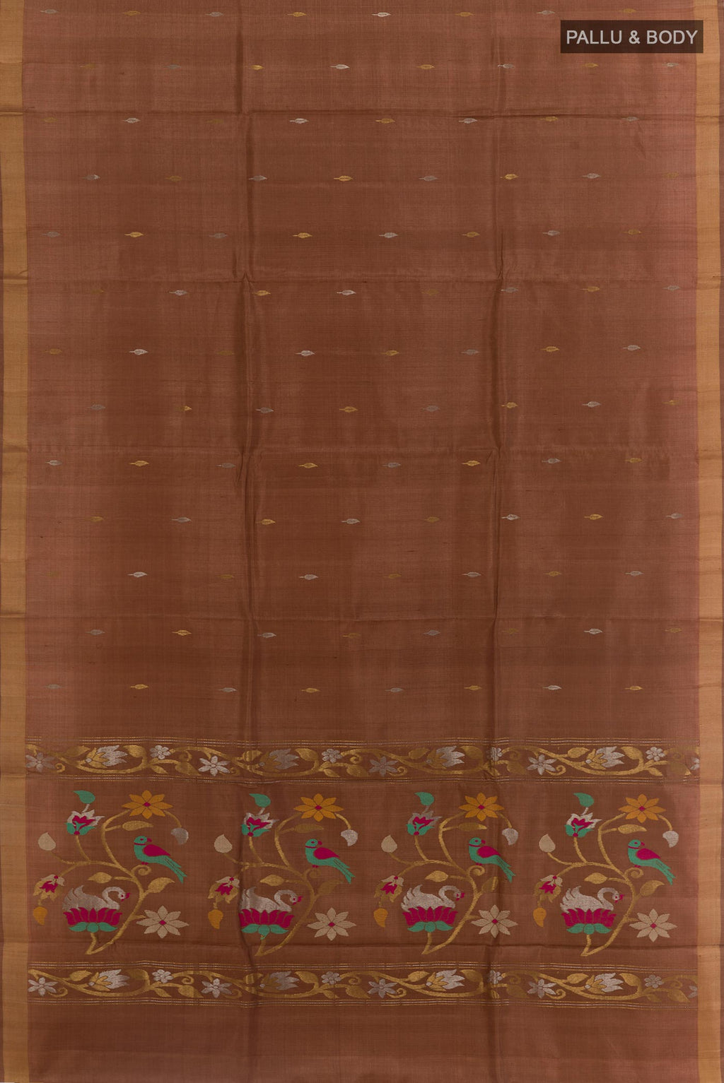 Flat view of Brown Tussar Silk Saree with Zari Butta on the body and Zari Border. 