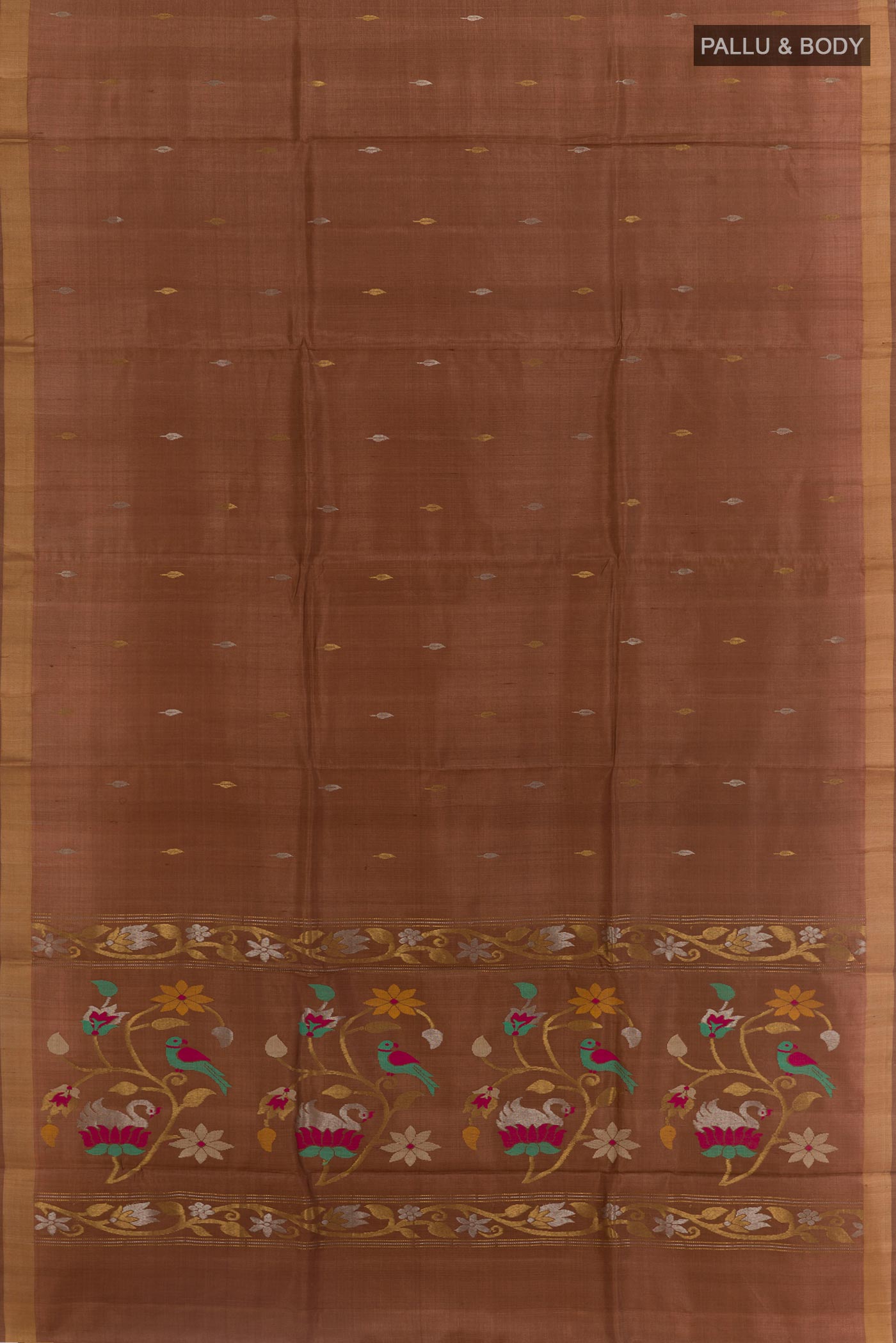 Flat view of Brown Tussar Silk Saree with Zari Butta on the body and Zari Border. 