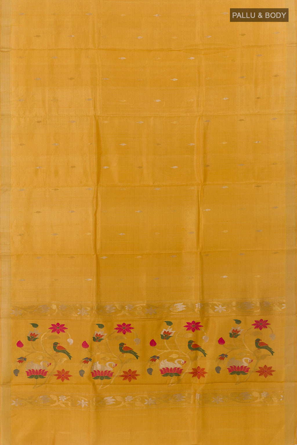 Flat view of Yellow Tussar Silk Saree with Zari Butta on the body and Zari Border. 