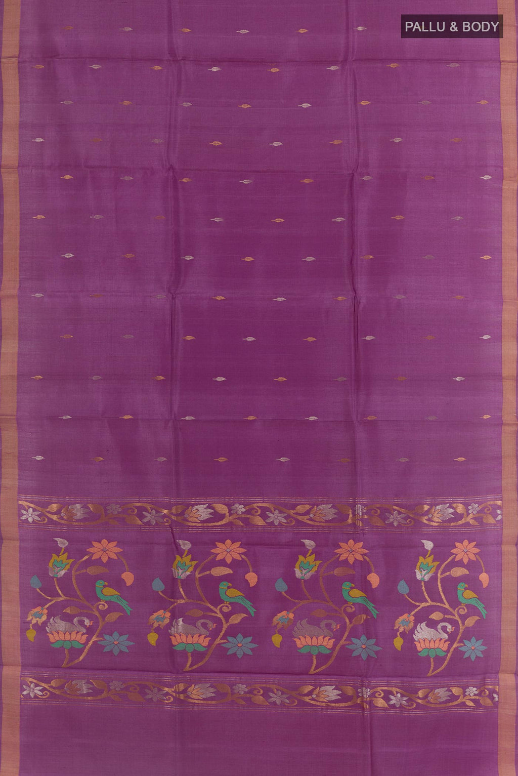 Flat view of Purple Tussar Saree with Zari Butta on the body and Zari Border. 