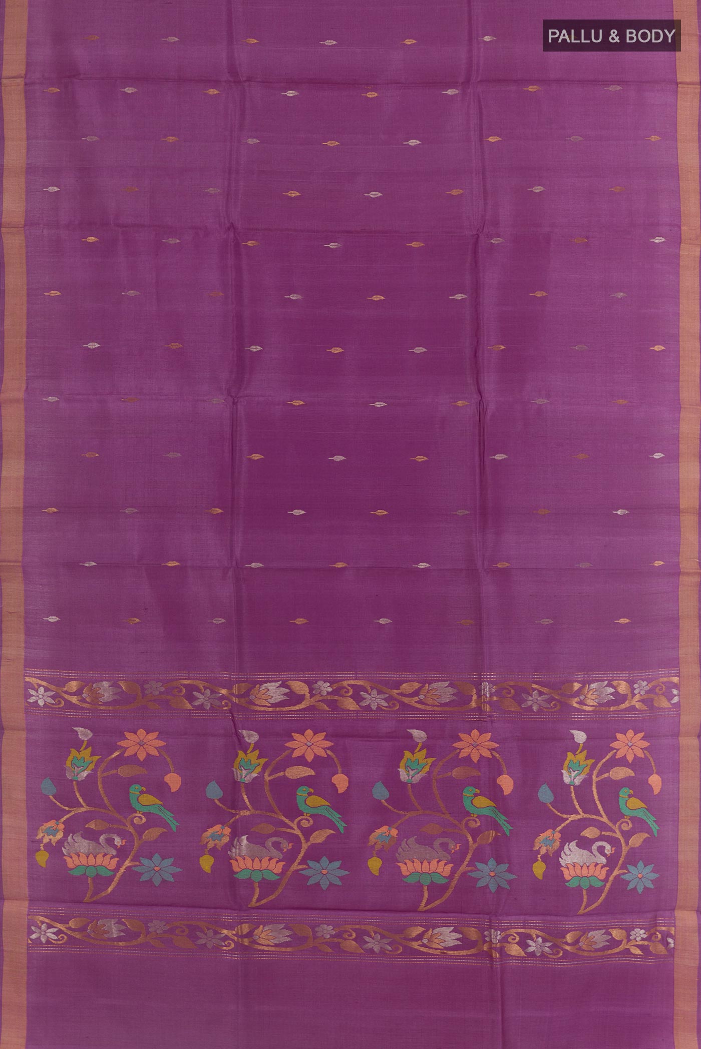 Flat view of Purple Tussar Saree with Zari Butta on the body and Zari Border. 