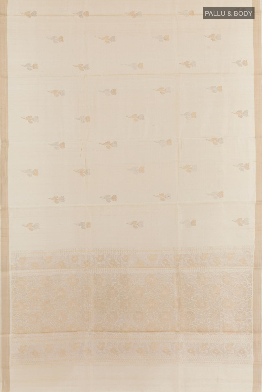 Flat view of Off White Tussar Silk Saree with Zari Butta on the body and Zari Border. 