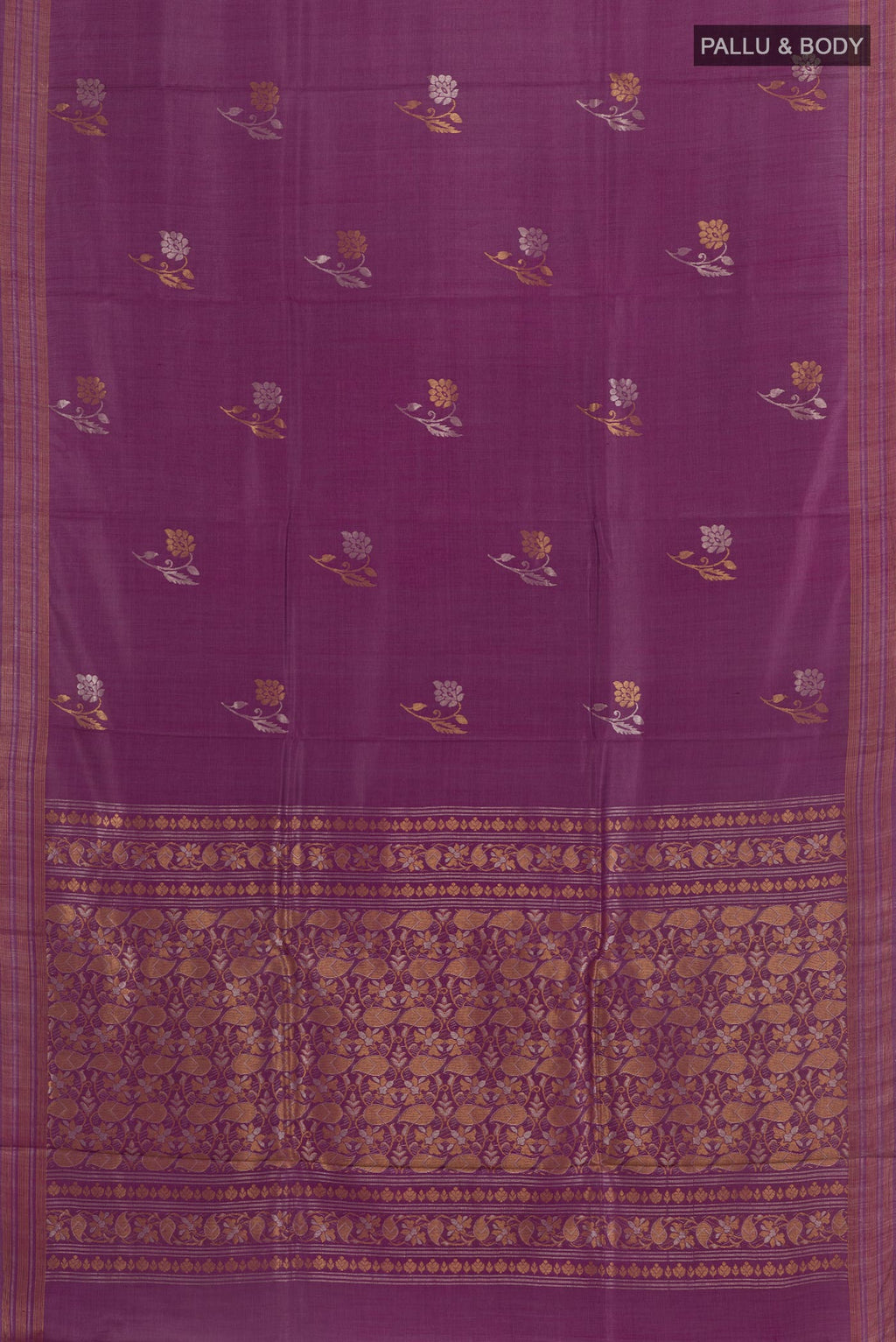 Flat view of Purple Tussar Silk Saree with Zari Butta on the body and Zari Border. 