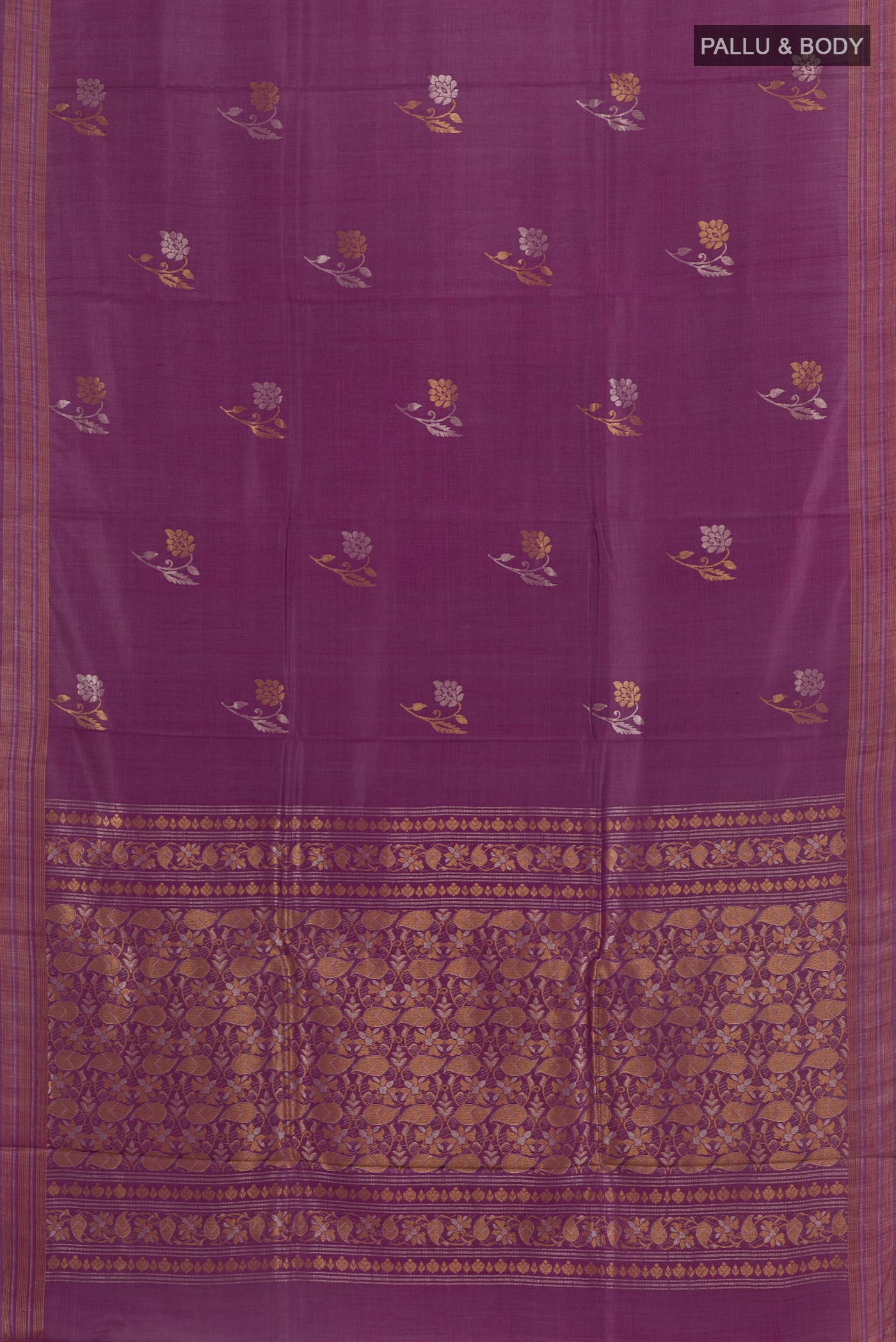 Flat view of Purple Tussar Silk Saree with Zari Butta on the body and Zari Border. 
