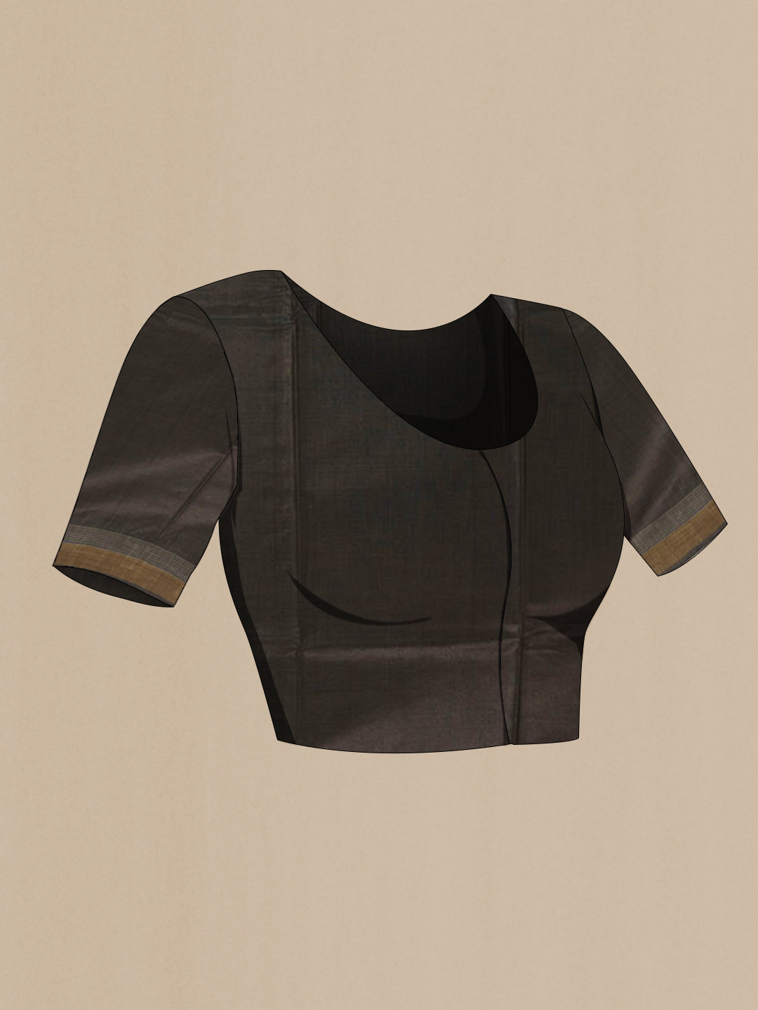 Close up image of the blouse of Black Tussar Silk Saree with Zari Butta on the body and Zari Border. 
