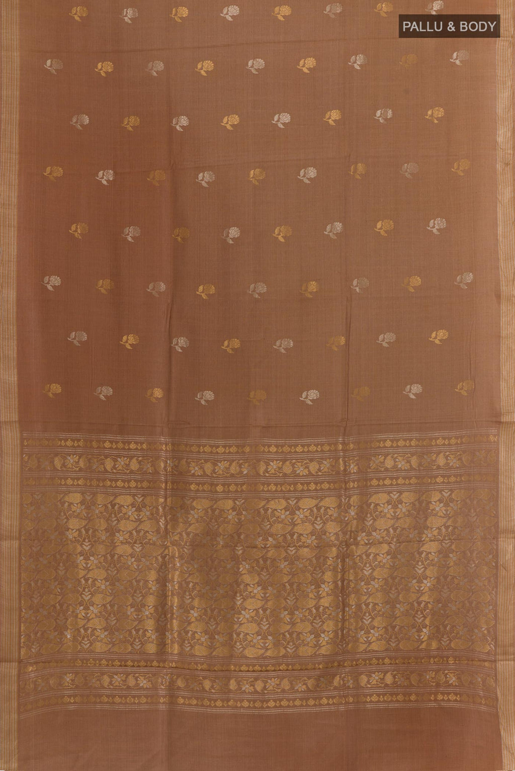 Flat view of Brown Tussar Saree with Zari Butta on the body and Zari Border. 