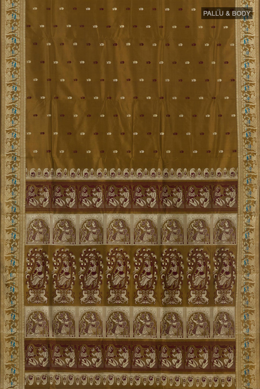 Flat view of Mehandi Green Baluchari Silk Saree with Zari Butta on the body and Zari Border. 