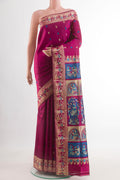 Purple Baluchari Silk Saree with Zari Butta on the body and Zari Border.  displayed on a mannequin