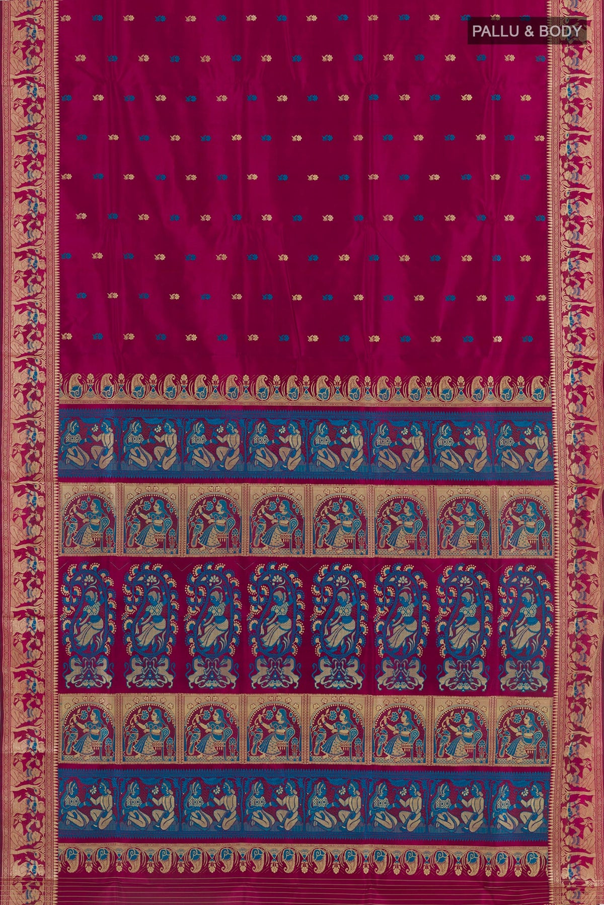 Flat view of Purple Baluchari Silk Saree with Zari Butta on the body and Zari Border. 