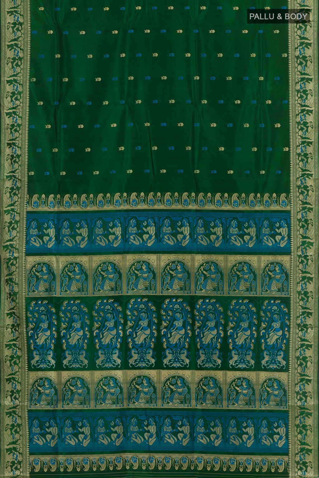 Flat view of Green Baluchari Silk Saree with Zari Butta on the body and Zari Border. 
