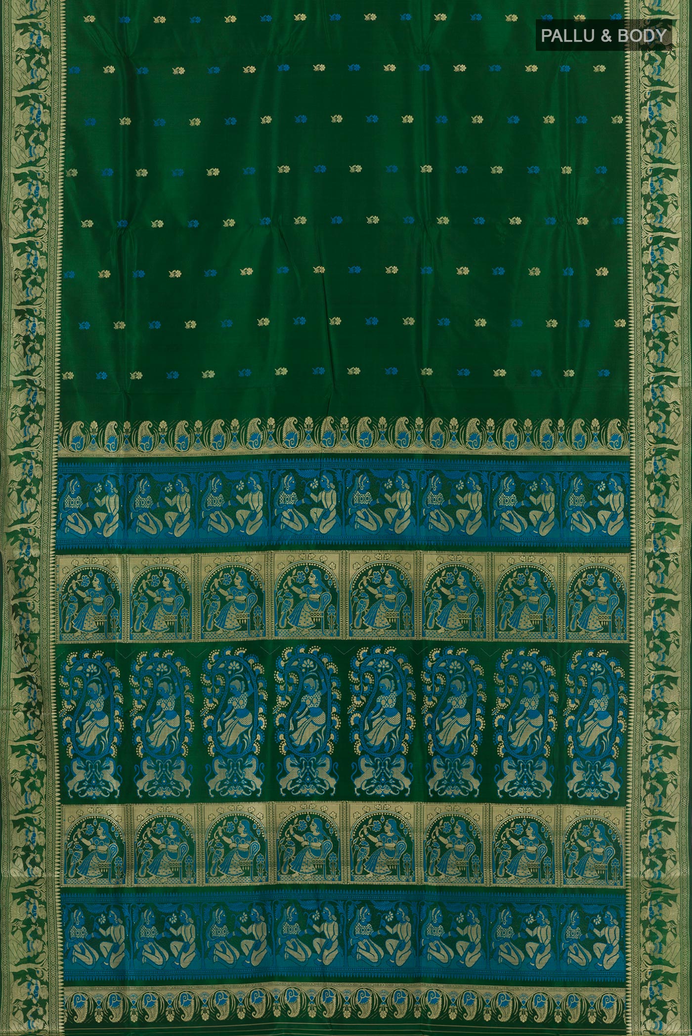 Flat view of Green Baluchari Silk Saree with Zari Butta on the body and Zari Border. 