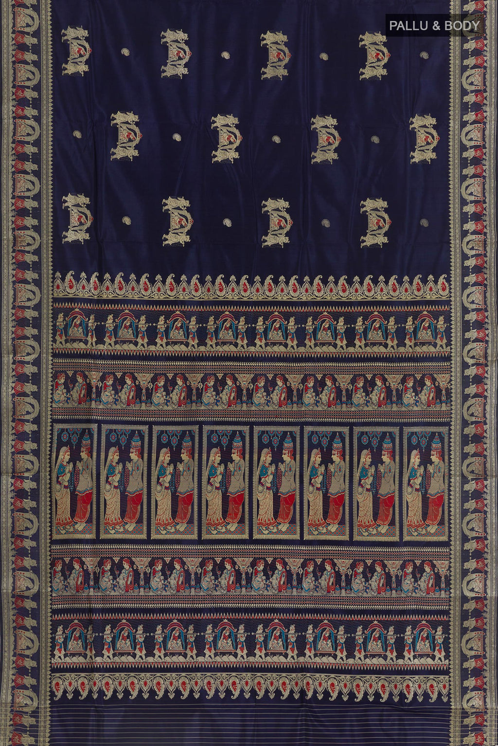 Flat view of Dark Blue Baluchari Silk Saree with Zari Butta on the body and Zari Border. 