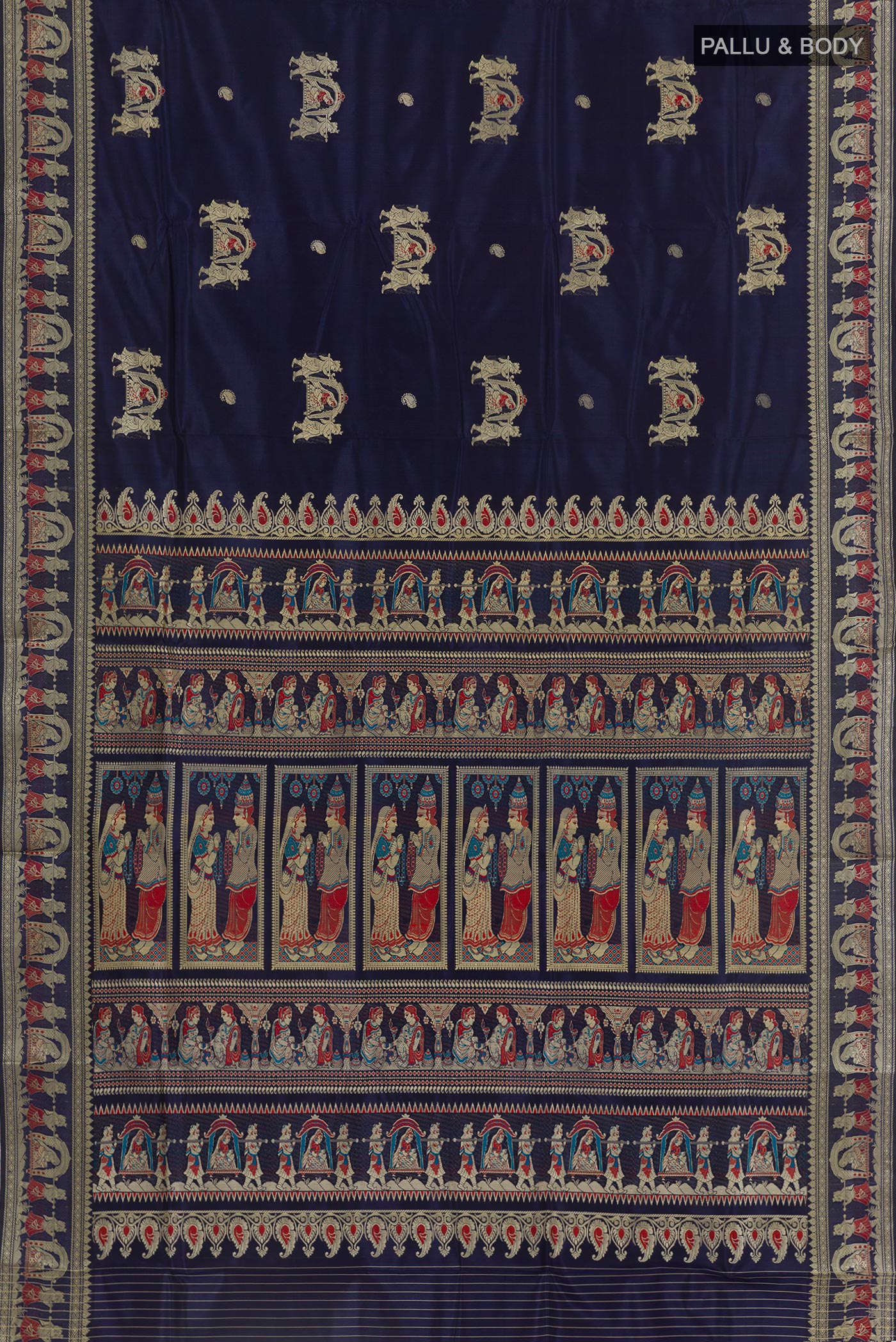 Flat view of Dark Blue Baluchari Silk Saree with Zari Butta on the body and Zari Border. 