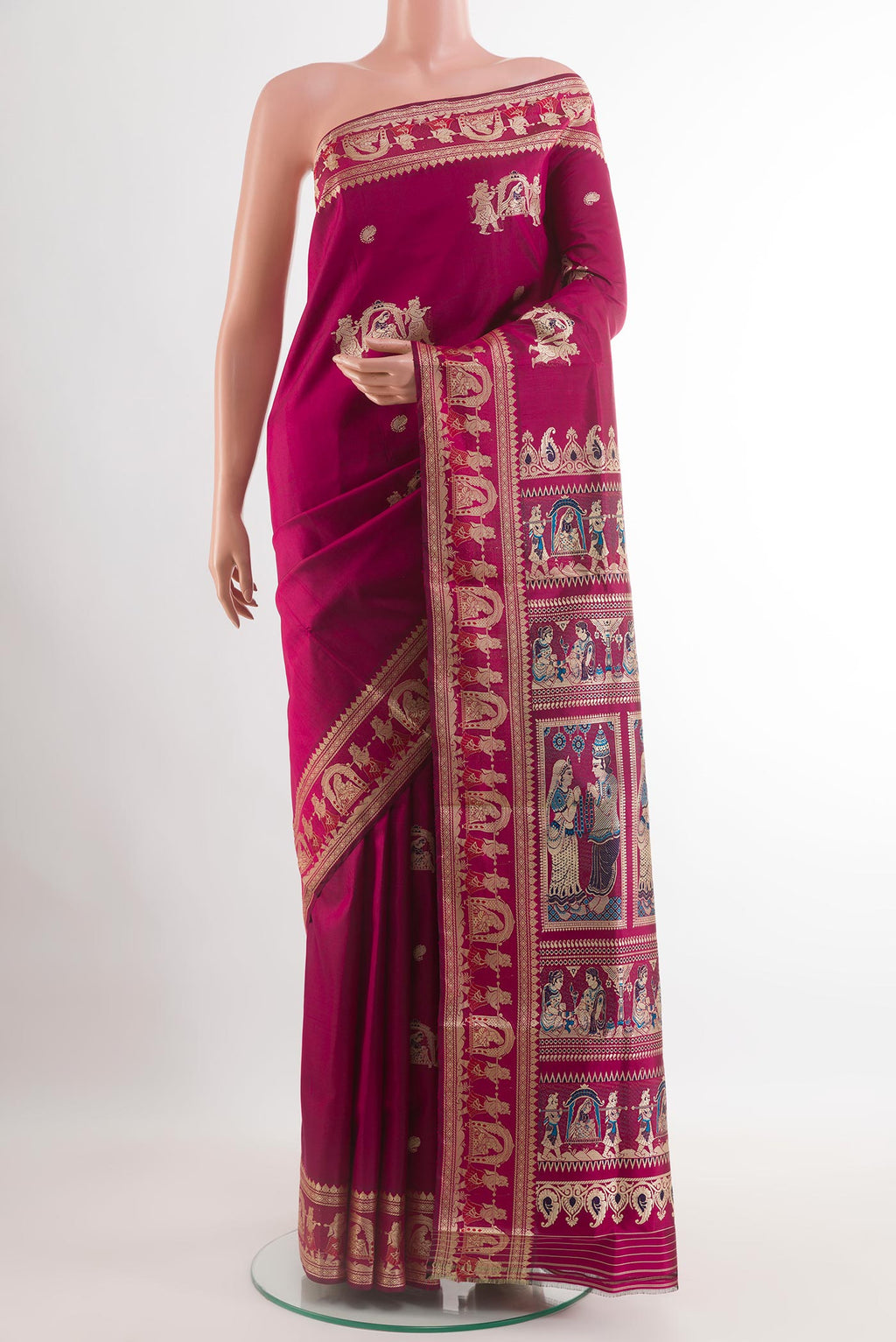 Purple Baluchari Silk Saree with Zari Butta on the body and Zari Border.  displayed on a mannequin