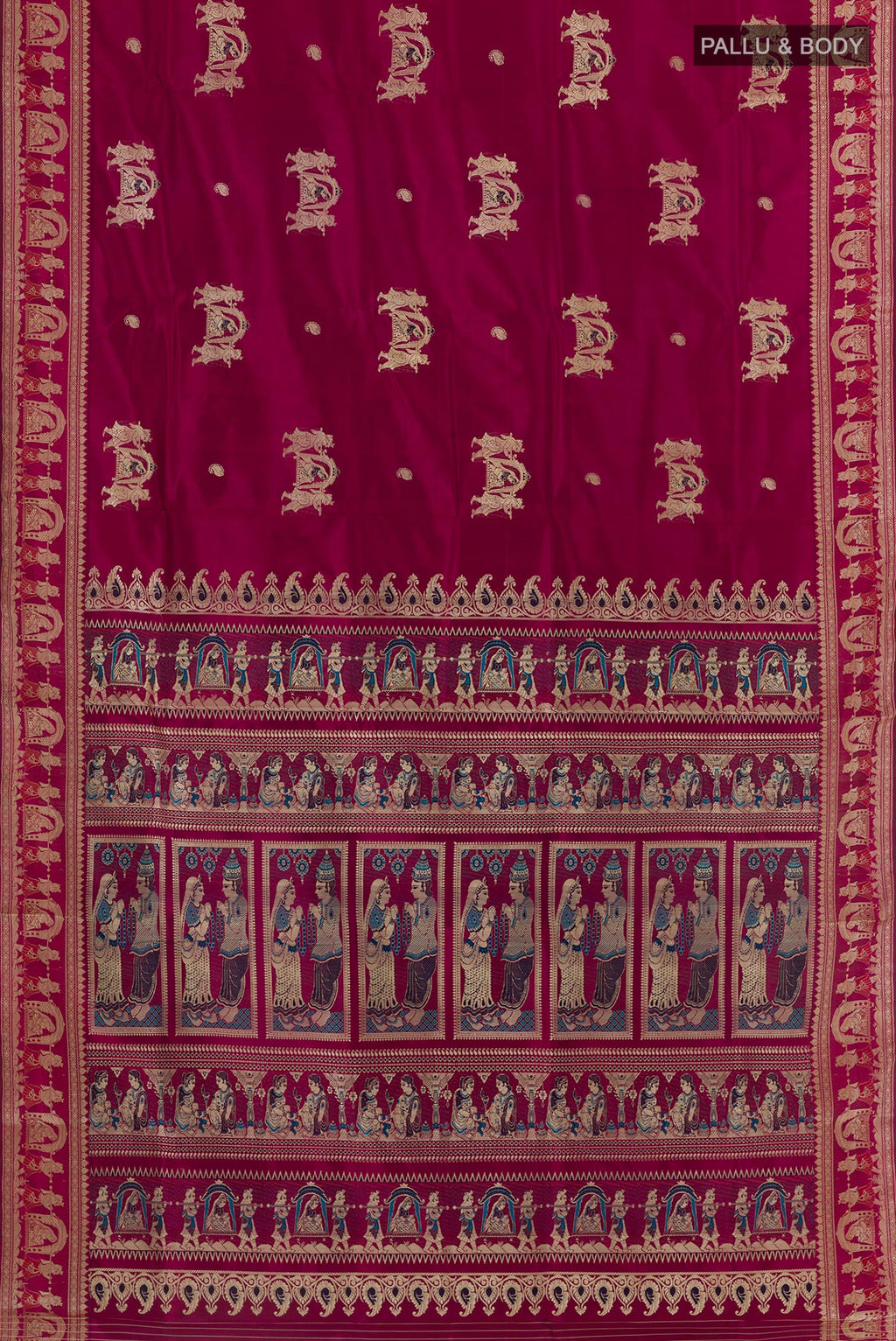 Flat view of Purple Baluchari Silk Saree with Zari Butta on the body and Zari Border. 